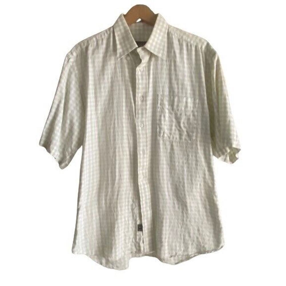 Ike Behar Gingham Green‎ White Checked Button Up Short Sleeve Shirt Sz M